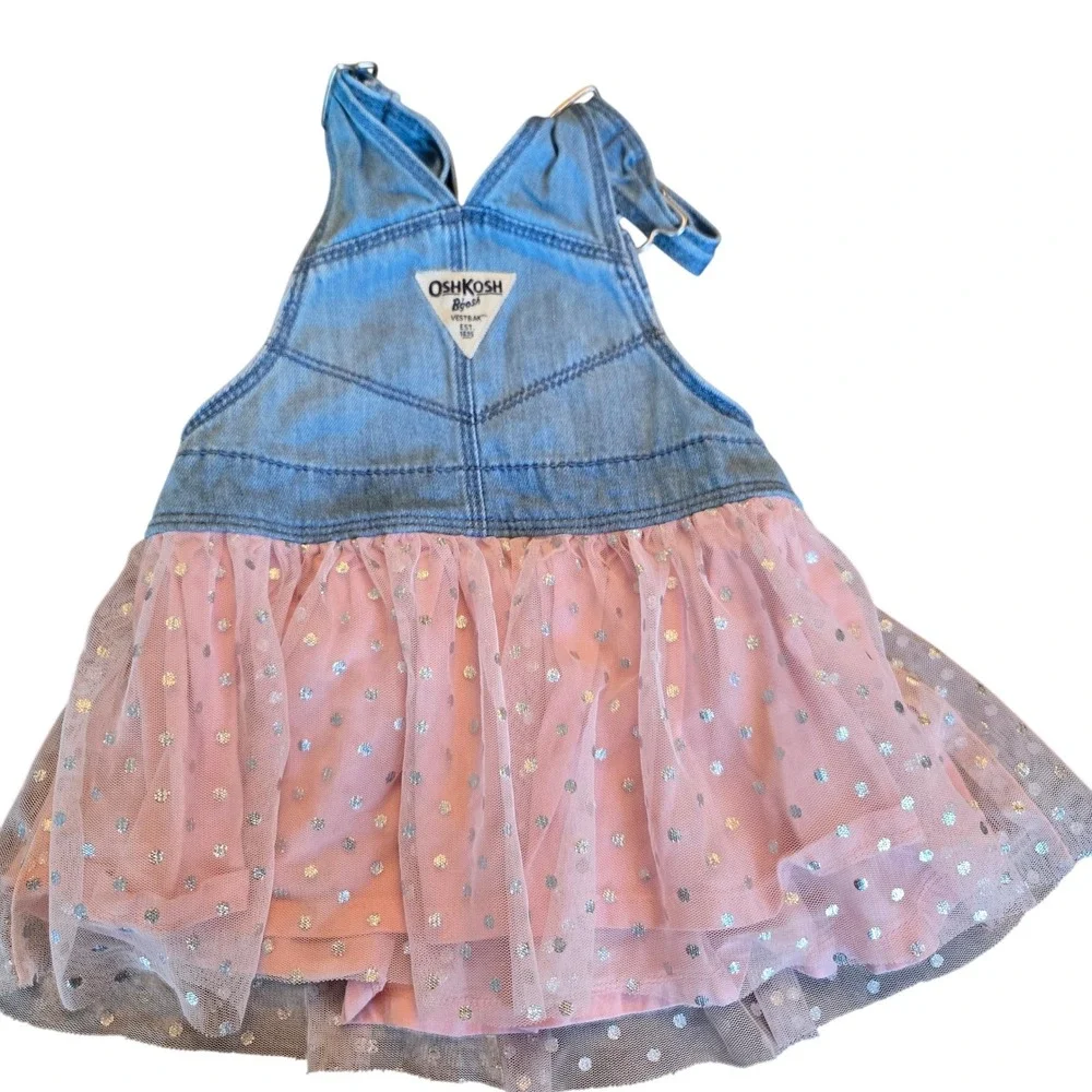 OshKosh Bgosh Baby Girls Pink Tulle Glitter Polka Dot Denim Overall Dress 18M